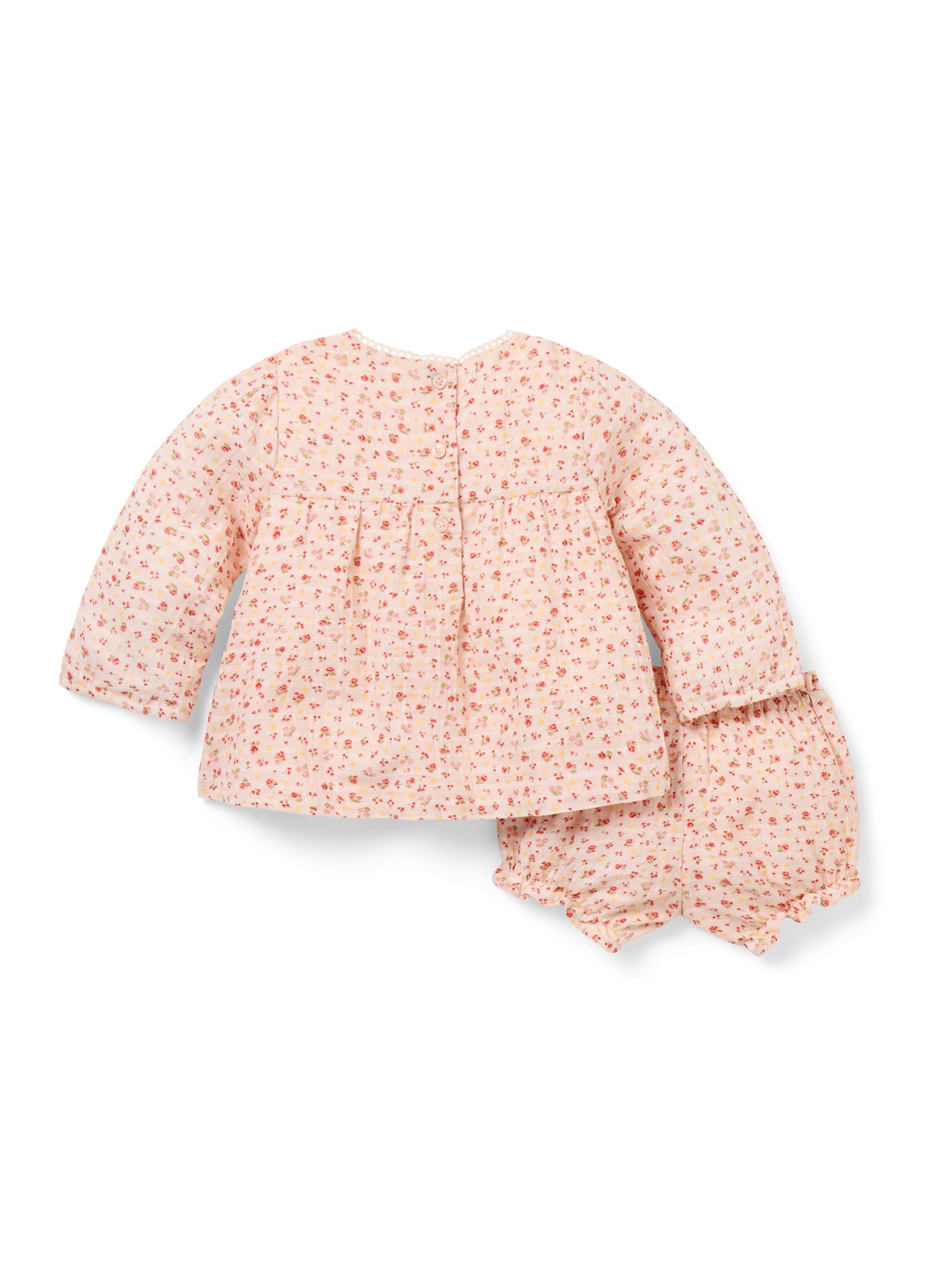 Soft pink floral maternity top with long sleeves and matching bloomers in lightweight fabric.