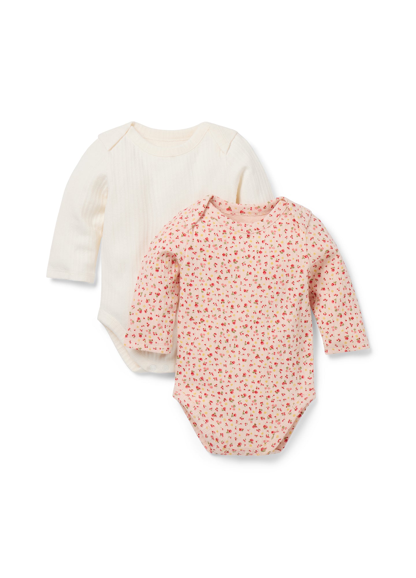 Two long-sleeve maternity bodysuits, one solid cream and one cream with small red floral print, soft cotton pointelle fabric.