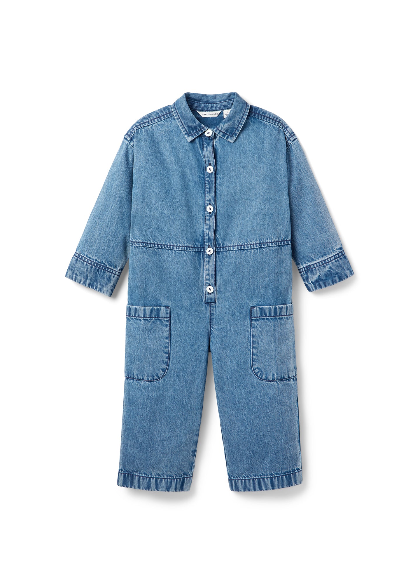 Light blue maternity denim coverall with long sleeves, front buttons, and front patch pockets.