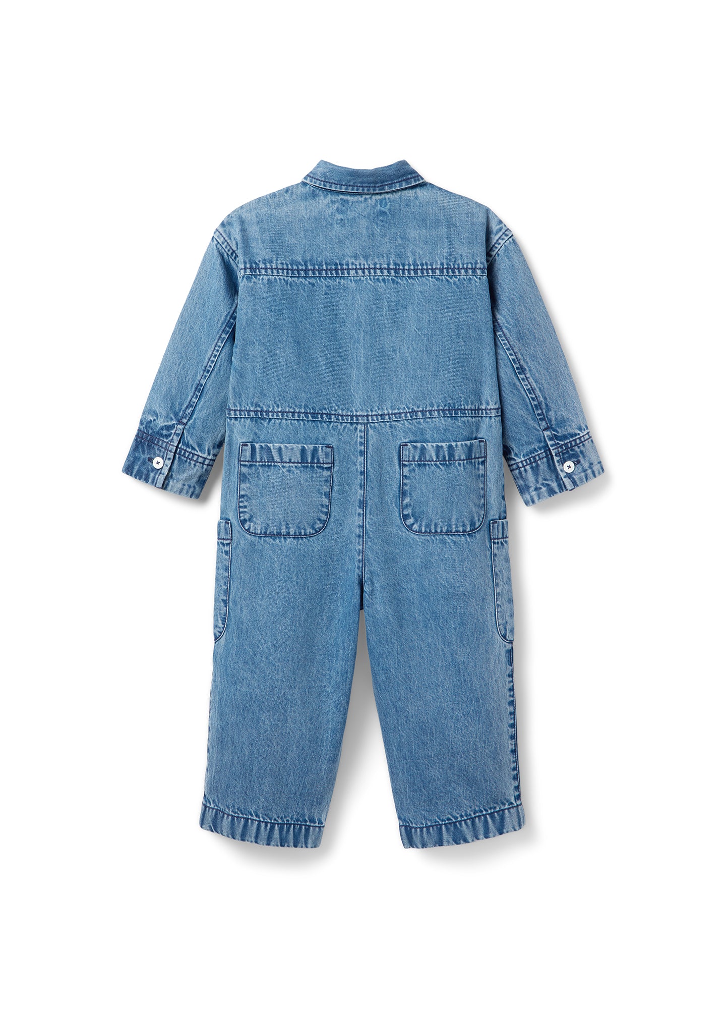 Light blue denim maternity coverall with long sleeves, relaxed fit, and two back patch pockets.