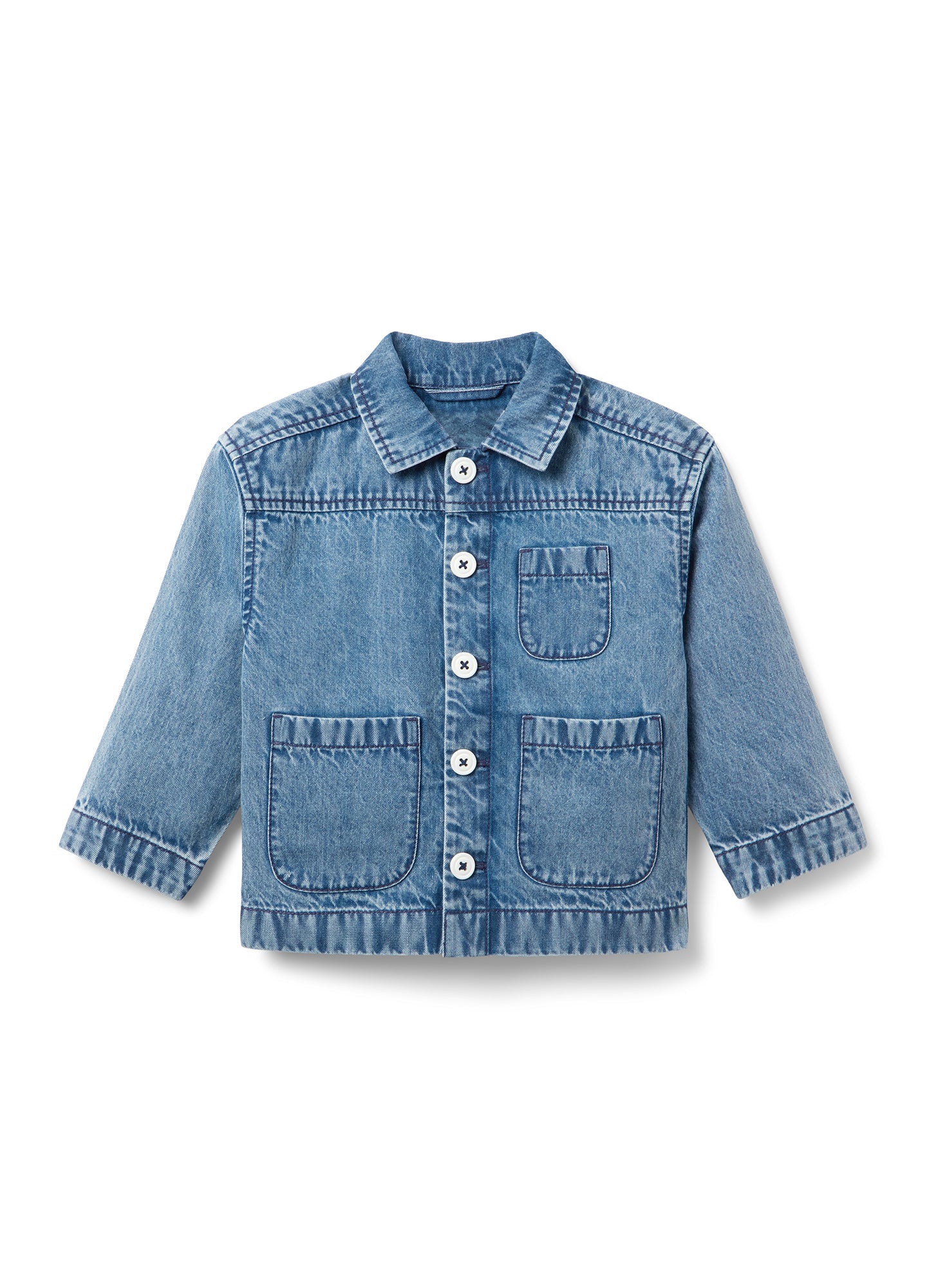 Light blue denim chore jacket with long sleeves, button front, collar, and three front pockets designed for maternity wear.