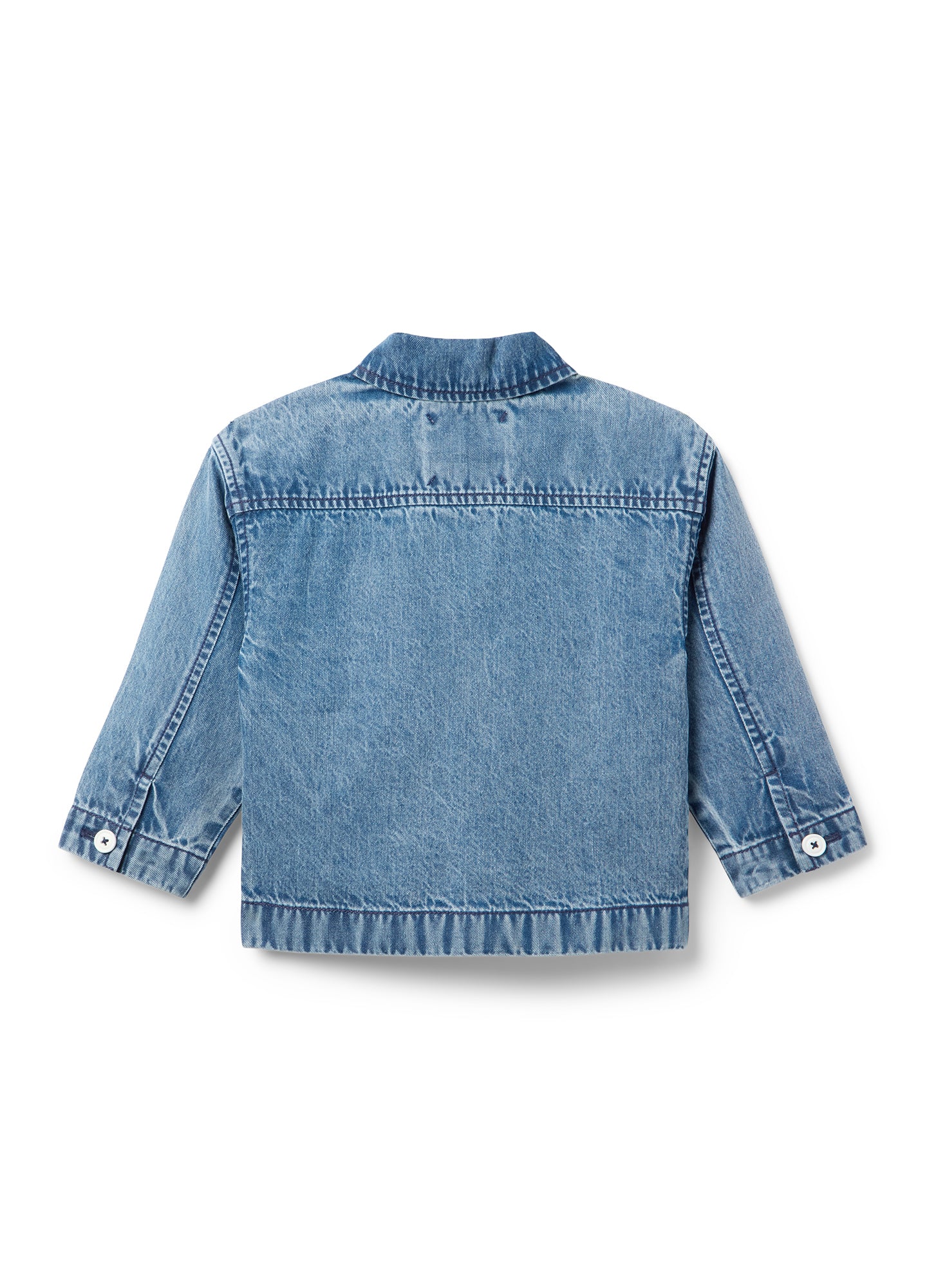 Light blue denim chore jacket with long sleeves, button cuffs, and a relaxed fit designed for maternity wear.