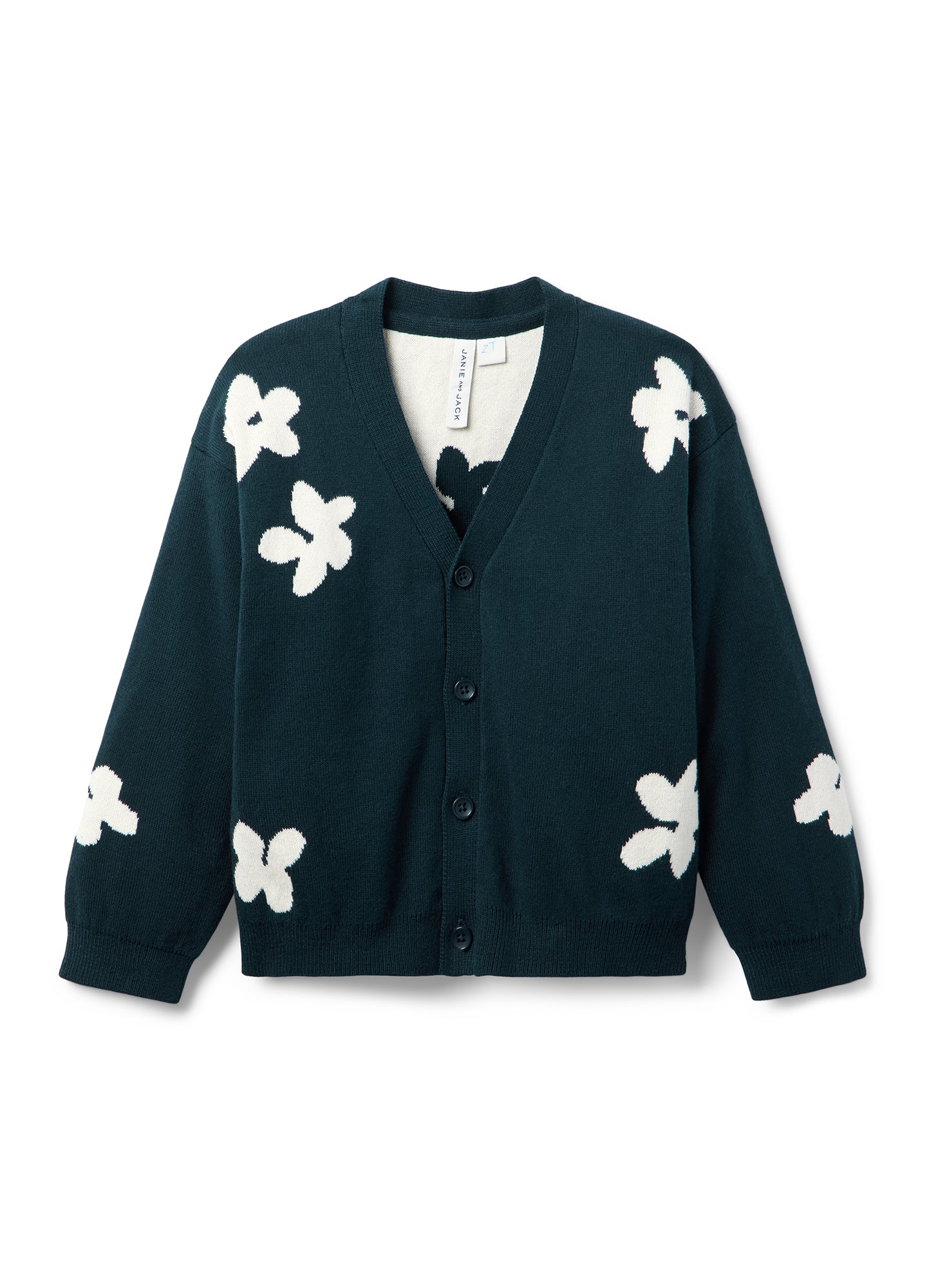 Dark teal maternity cardigan with white floral appliqués and front buttons.