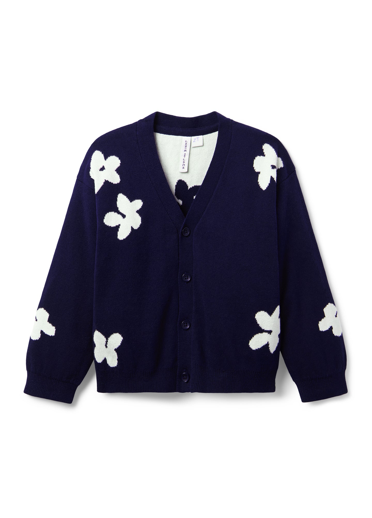Navy blue maternity cardigan with white floral appliques and front buttons.
