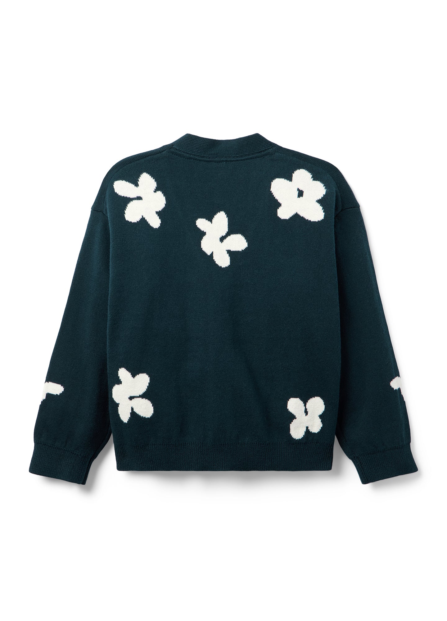 Dark teal maternity cardigan with oversized white floral appliqués on back and sleeves.