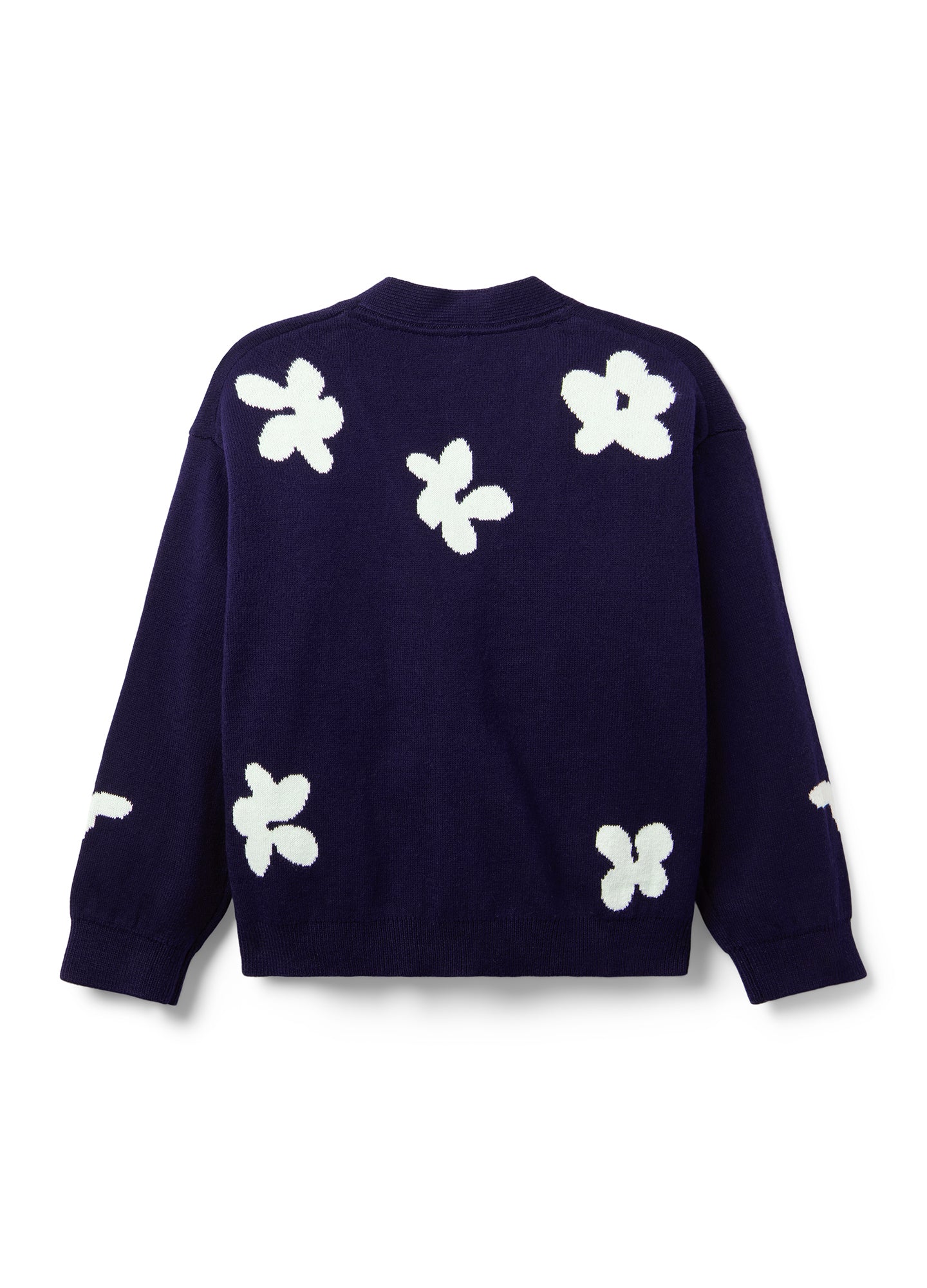 Navy blue cardigan with white floral appliqués on the back and sleeves, soft knit fabric designed for maternity comfort.
