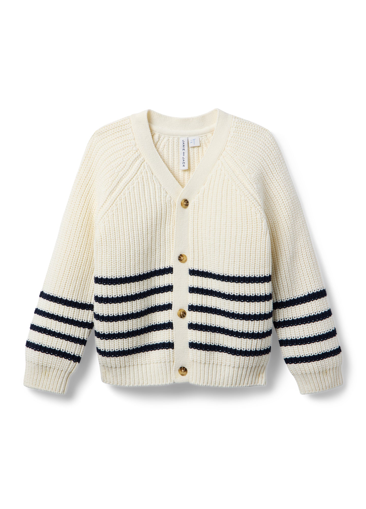 Cream knit cardigan with navy horizontal stripes and wooden buttons, designed for maternity wear.