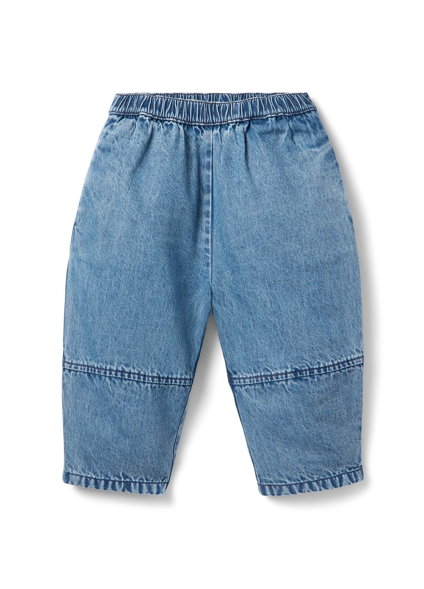 Light blue maternity denim pants with an elastic waistband and loose, tapered legs.
