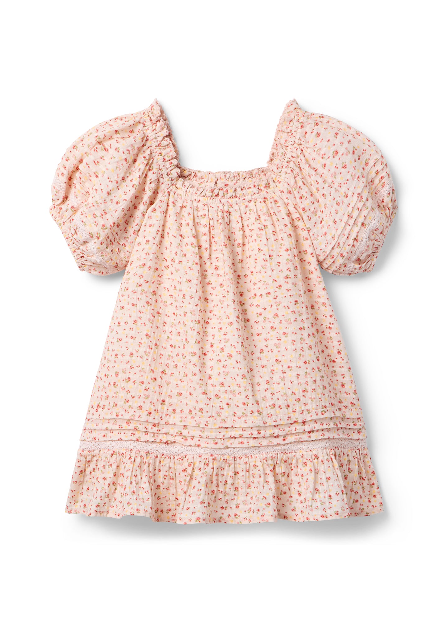 Light pink maternity dress with small floral print, puff sleeves, square neckline, and ruffle hem.