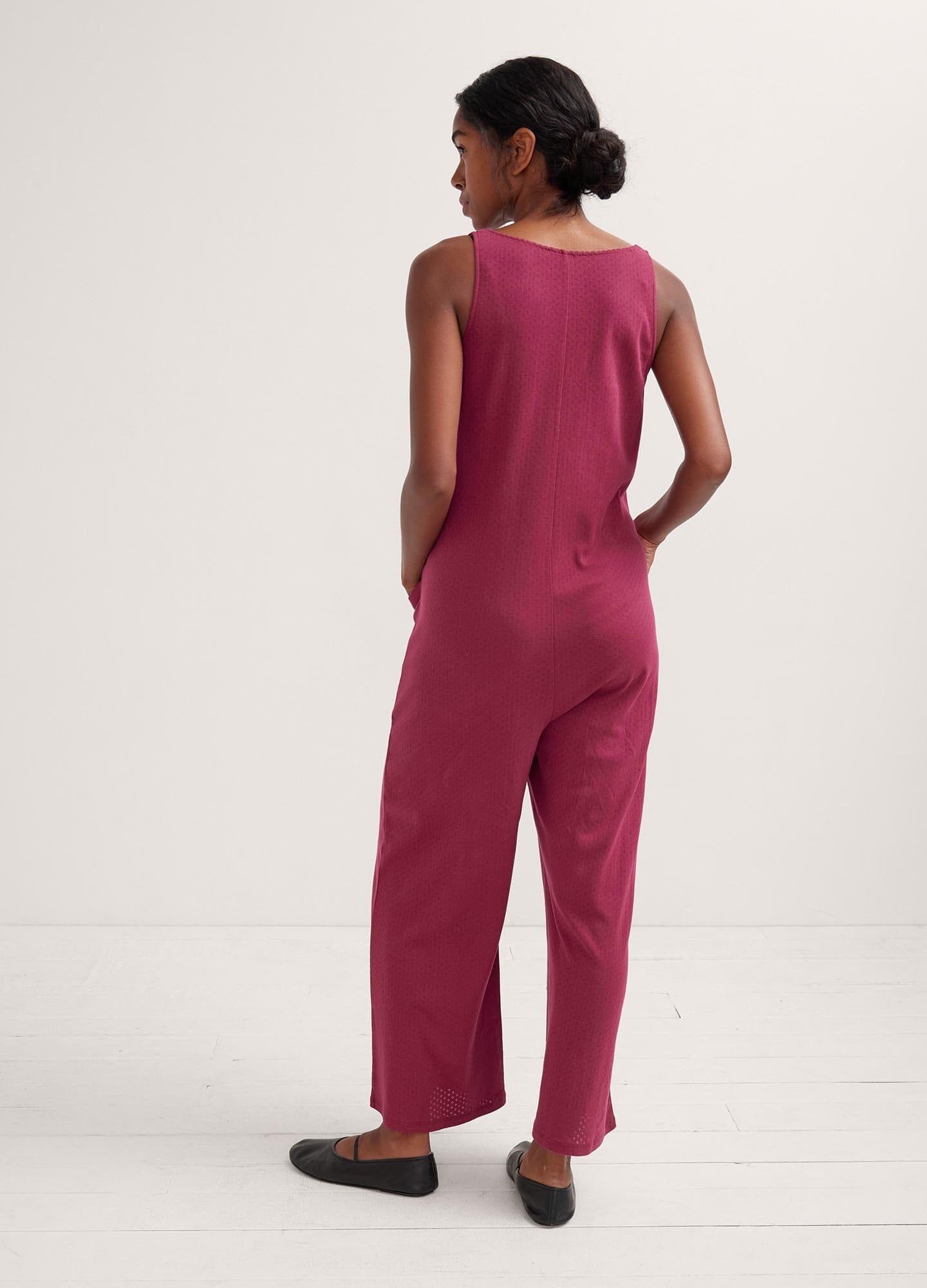 The 24/7 Feeding Jumpsuit POS - Lilac maternity jumpsuit with sleeveless V-neck, nursing-friendly front buttons, and wide-leg fit for postpartum comfort.