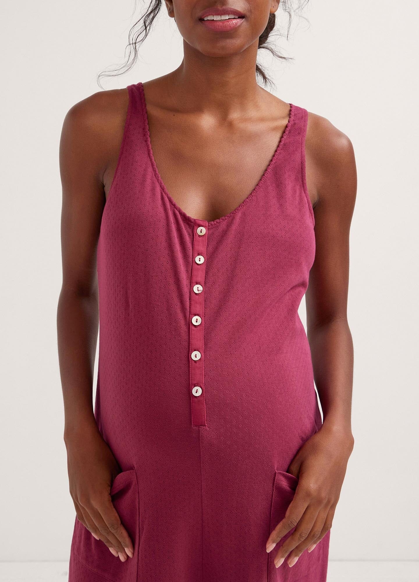 The 24/7 Feeding Jumpsuit POS - Lilac maternity jumpsuit with sleeveless V-neck, nursing-friendly front buttons, and wide-leg fit for postpartum comfort.