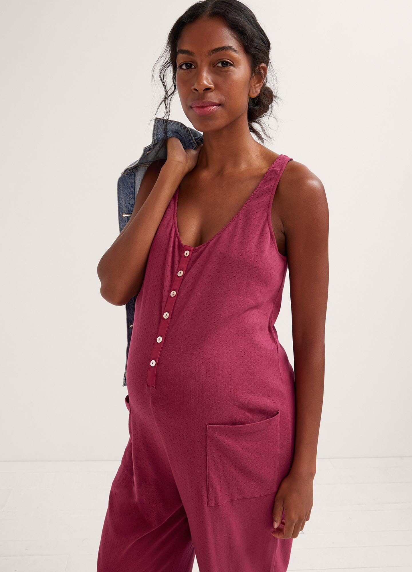 The 24/7 Feeding Jumpsuit POS - Lilac maternity jumpsuit with sleeveless V-neck, nursing-friendly front buttons, and wide-leg fit for postpartum comfort.