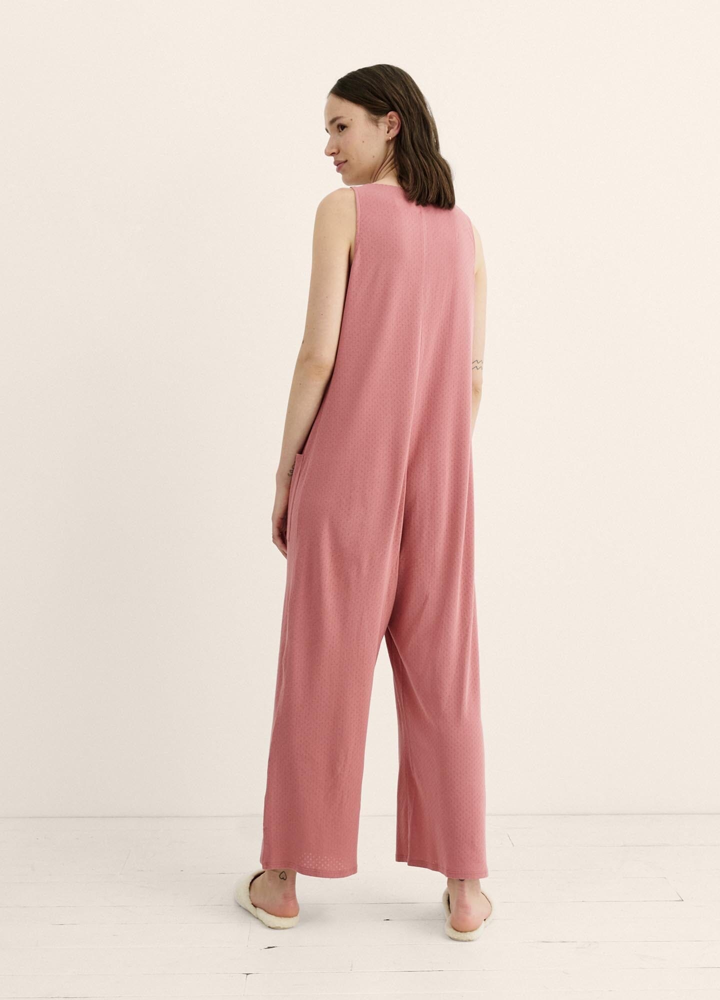 The 24/7 Feeding Jumpsuit POS - Lilac maternity jumpsuit with sleeveless V-neck, nursing-friendly front buttons, and wide-leg fit for postpartum comfort.