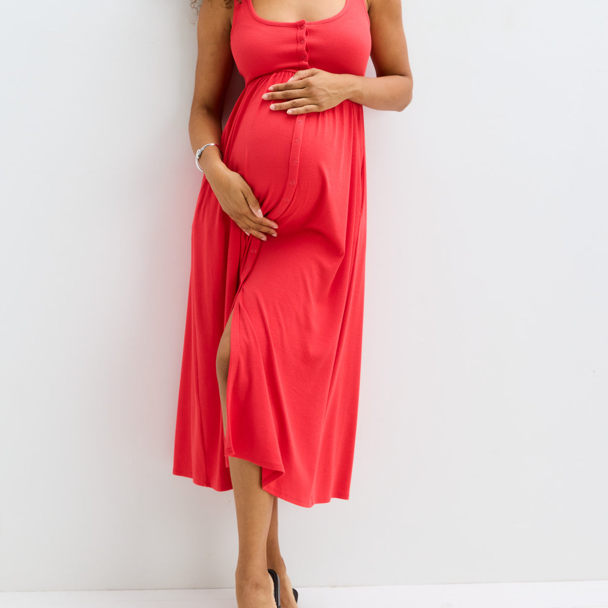 red dress for pregnant HATCH Collection The Softest Rib Nursing Tank Dress in Coral