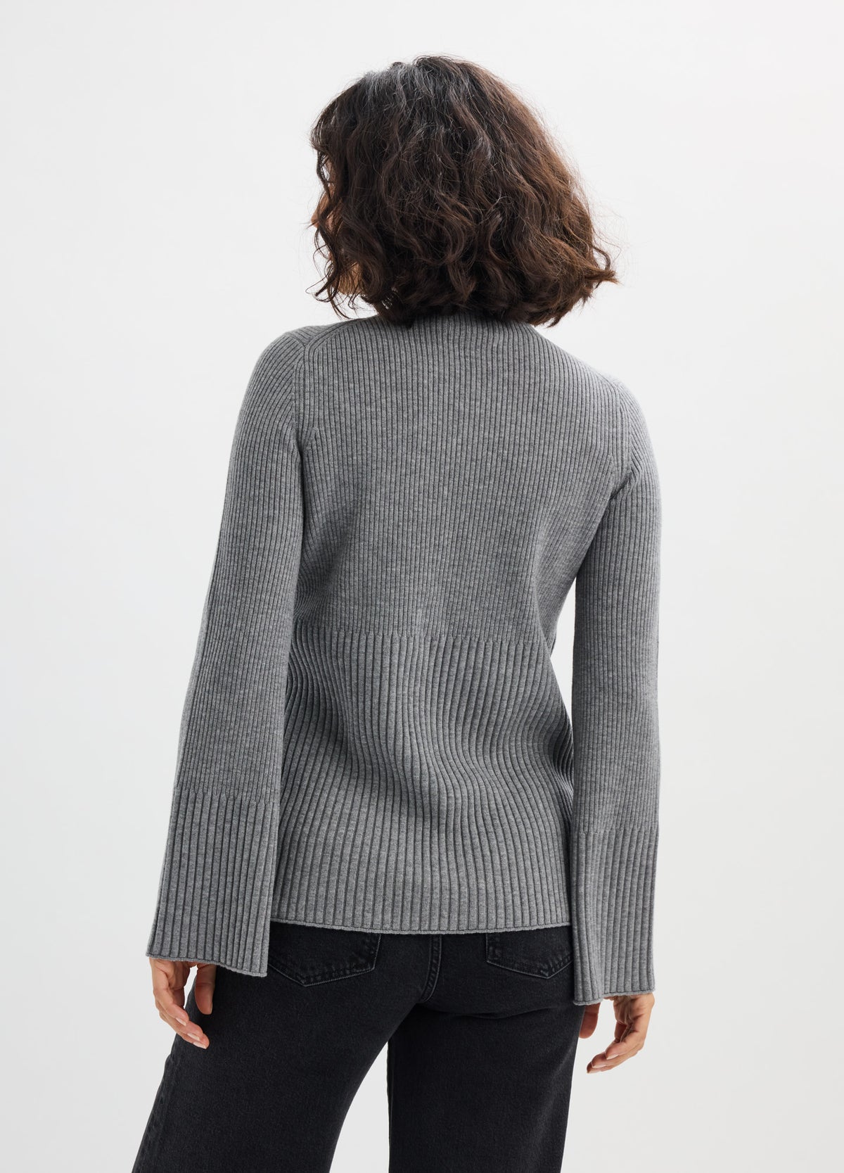 Gray knit maternity turtleneck sweater with long sleeves and relaxed fit shown from back.