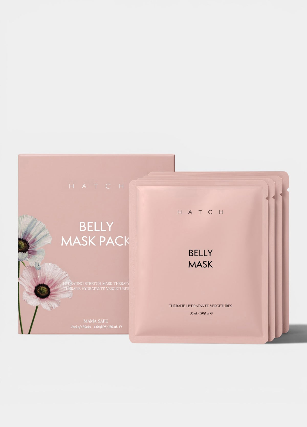 Matte pink belly mask pack box with matching individual sachets, featuring minimalist black text and floral accents,.