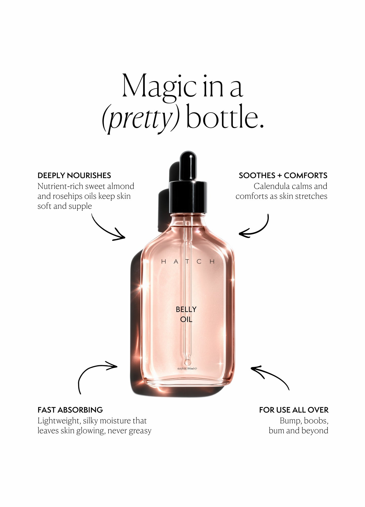 Clear pink-tinted glass bottle with black dropper cap labeled "Belly Oil" for maternity skincare.
