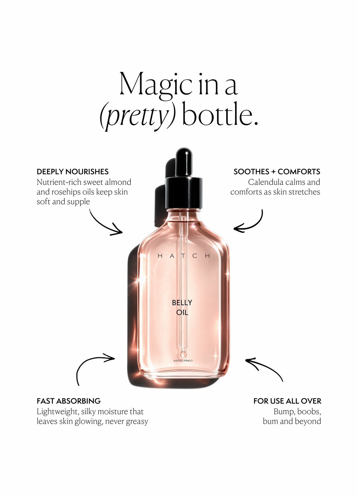 Clear pink-tinted glass bottle with black dropper cap labeled "Belly Oil" for maternity skincare.