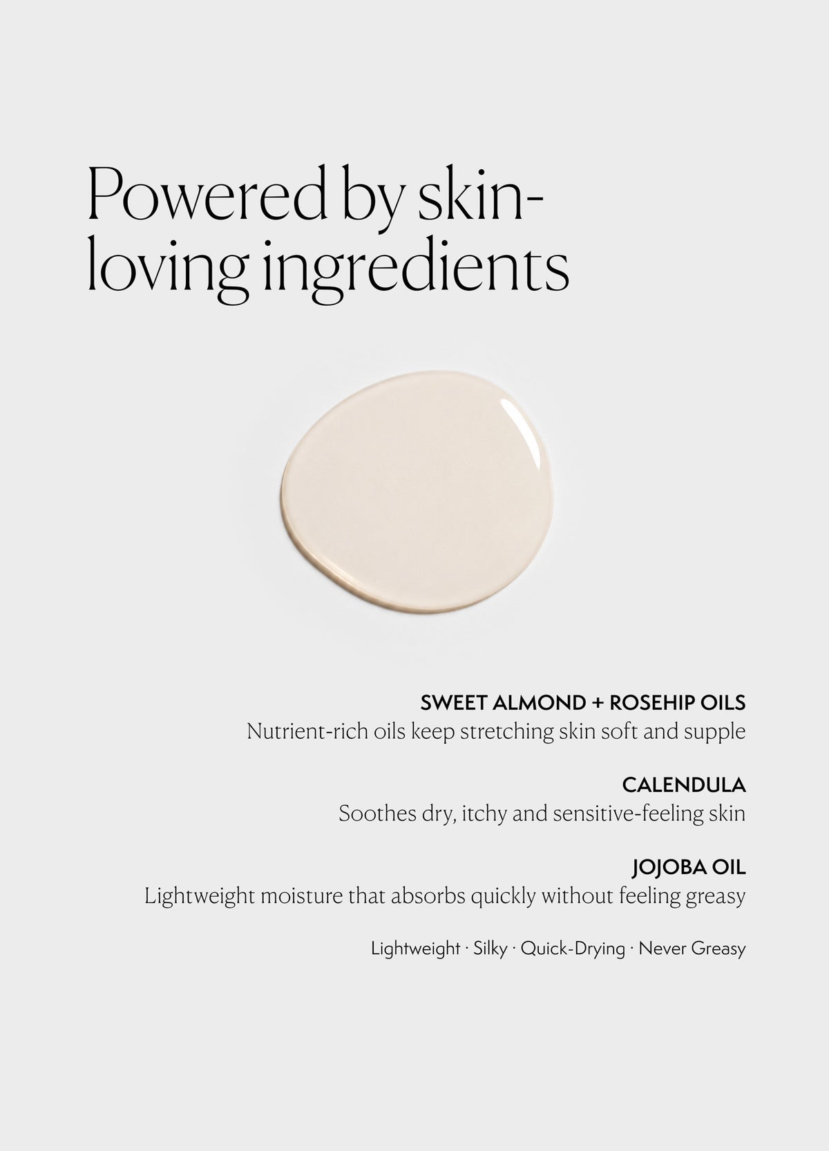 Smooth beige oil drop with soft, glossy texture representing nourishing belly oil ingredients.