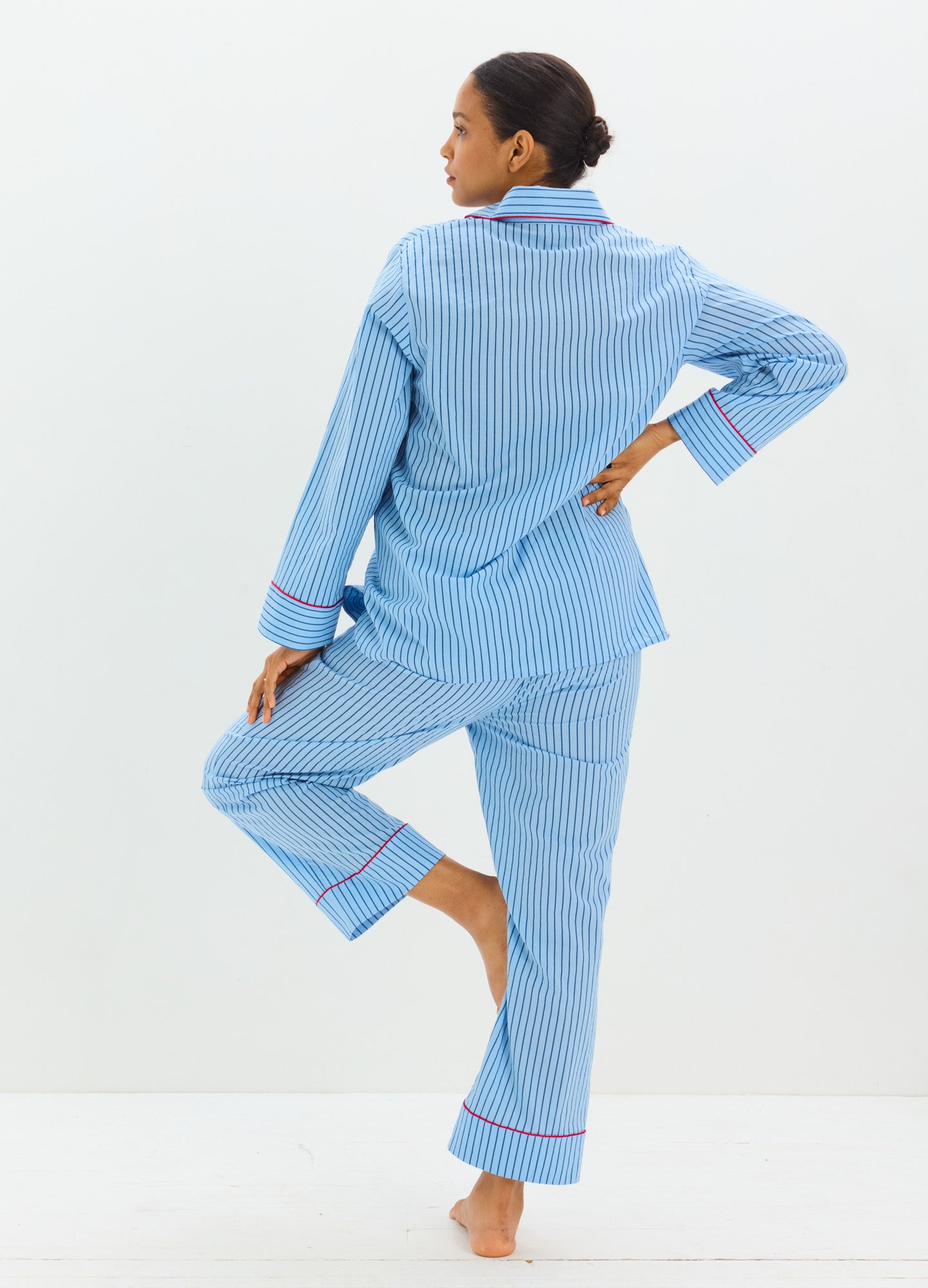 Light blue striped cotton maternity pajama set with long sleeves and relaxed fit.