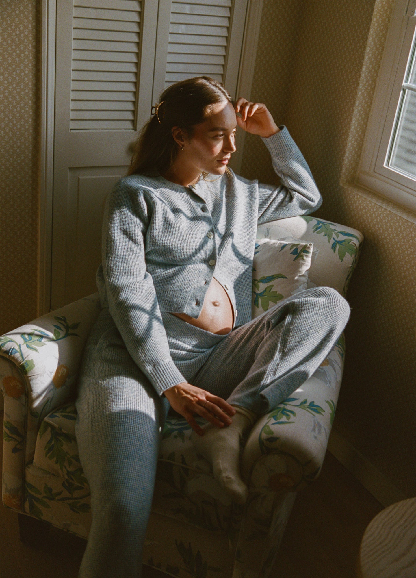 Light grey waffle knit maternity crop pants with matching long-sleeve top, soft and relaxed fit.