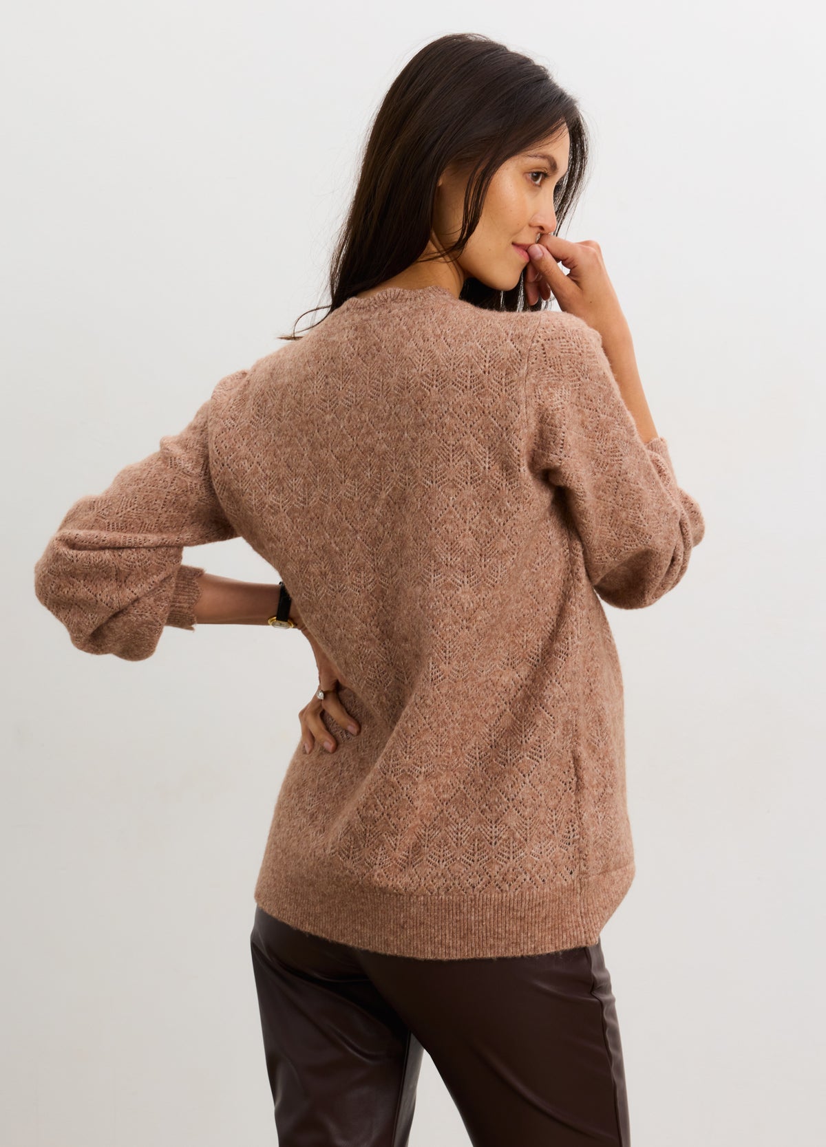 Mocha knit maternity sweater with pointelle detailing, long sleeves, relaxed fit for pregnant comfort.