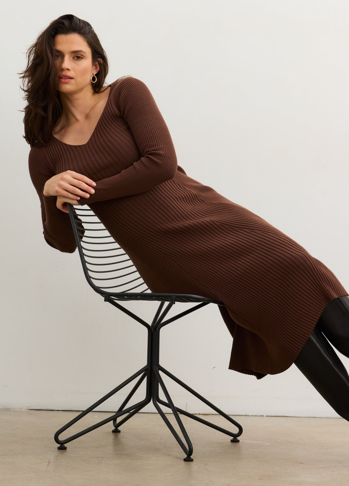 The Dasha Sweater Dress - Chocolate ribbed sweater dress with long sleeves, side slits, and a flattering maternity fit for pregnancy, nursing, and.