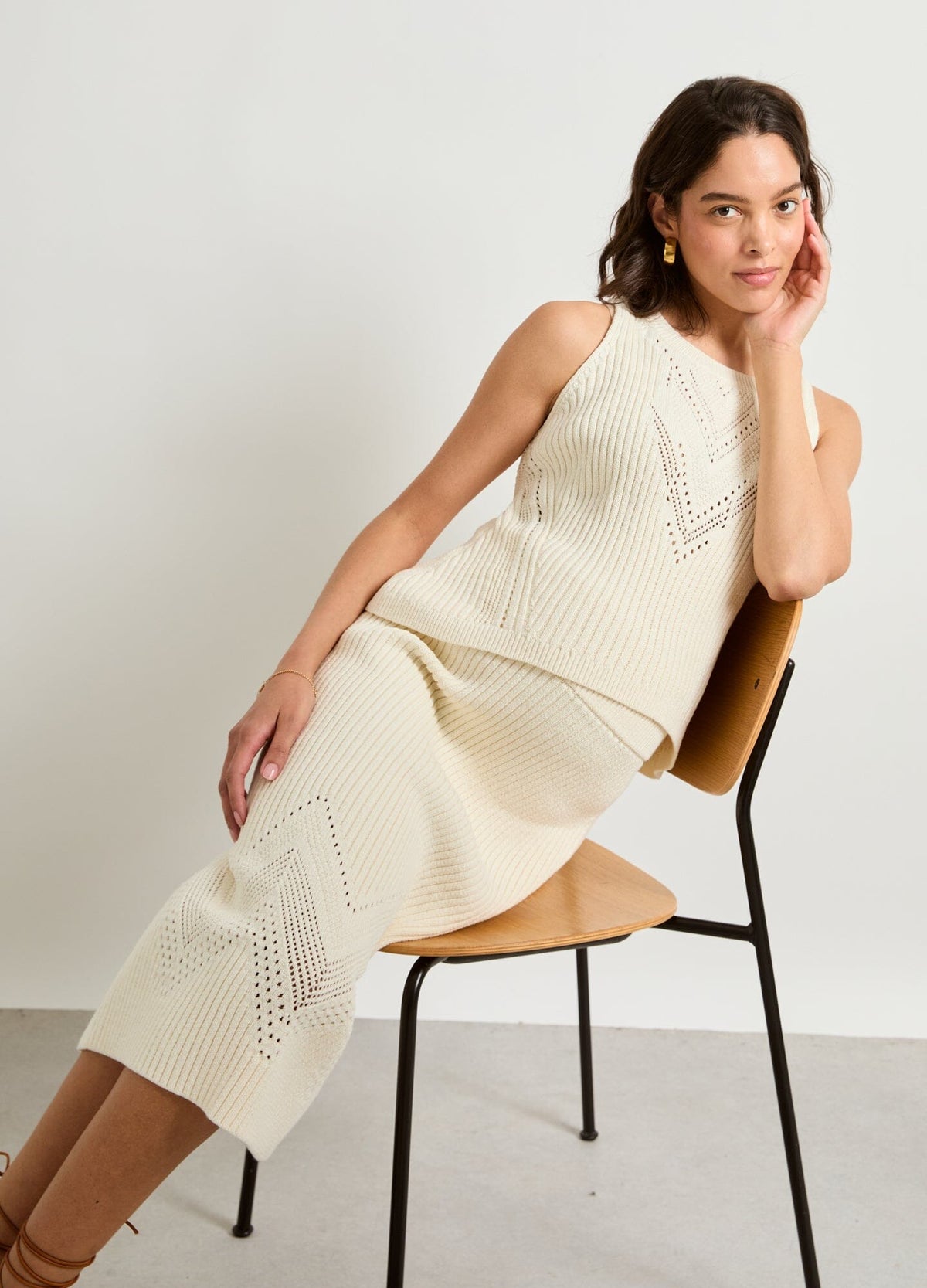 The Delphine Cotton Pointelle Skirt - Vanilla cotton pointelle maternity skirt with delicate knit pattern, designed for pregnancy, nursing, and postpartum wear.