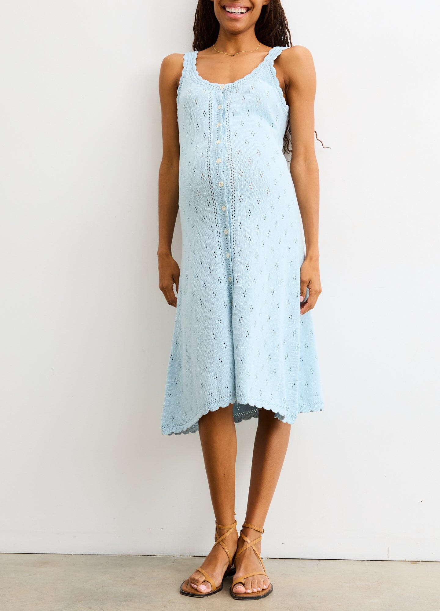 The Eloise Pointelle Nursing Tank Dress - Light blue pointelle knit maternity nursing tank dress with button-front and scoop neckline.