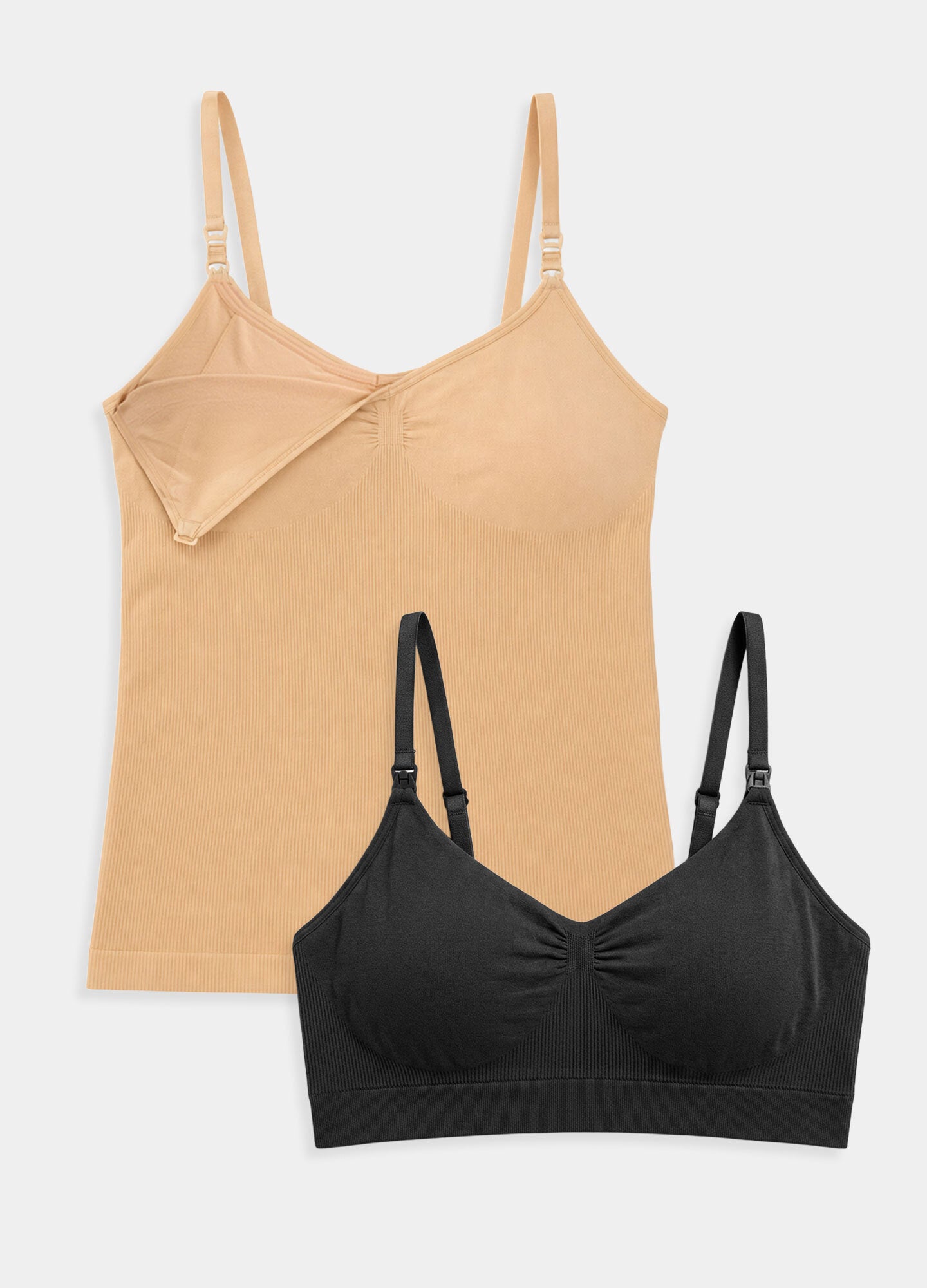 Beige maternity tank top with adjustable straps and black nursing bra with ruched cups and adjustable straps.