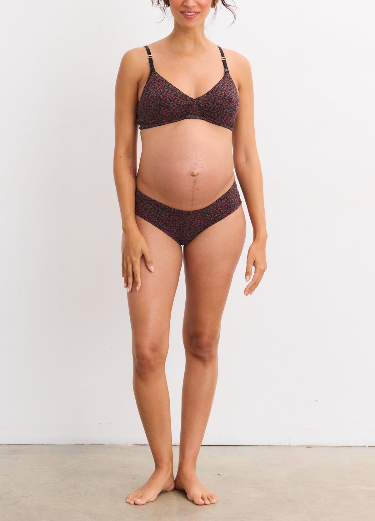 Maternity underwear set in dark brown with soft, stretchy fabric and subtle dotted pattern.