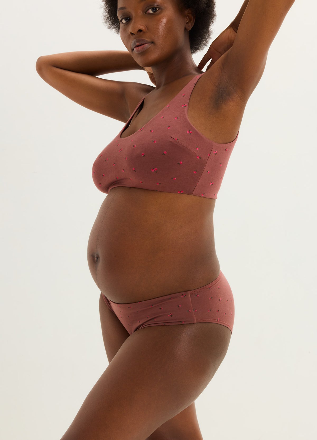 Maternity brief and matching bra set in dusty rose with subtle floral pattern, stretchy soft fabric.