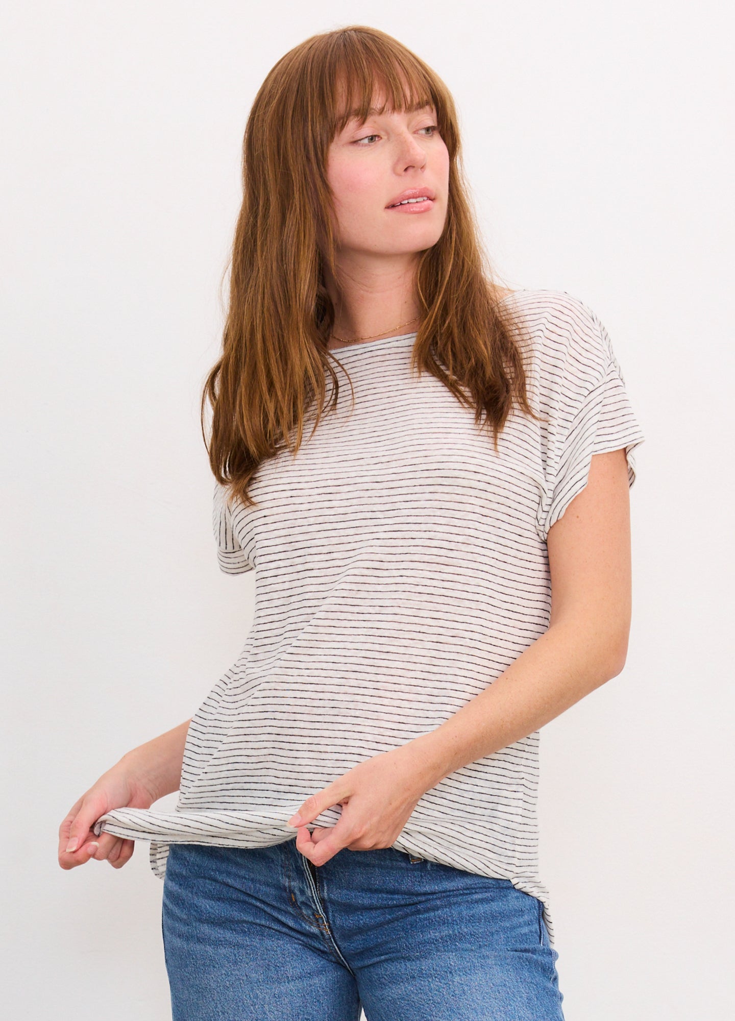 Light grey and white striped linen maternity tee with short sleeves and relaxed fit.