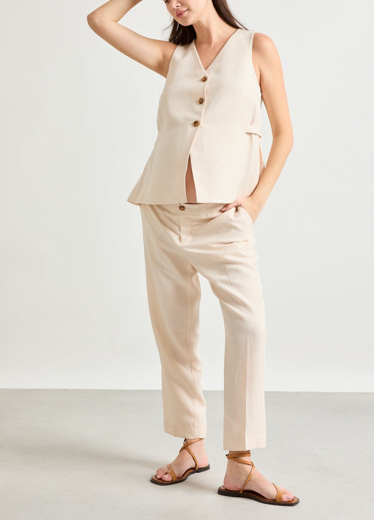 The Ezra Pant - Ivory maternity pants with elastic waist, tailored fit for pregnancy and postpartum comfort.