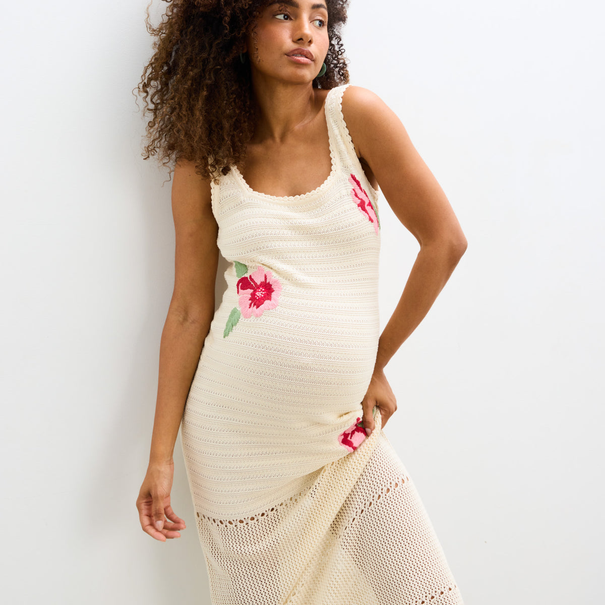 HATCH Collection The Floral Crochet Dress in Tan