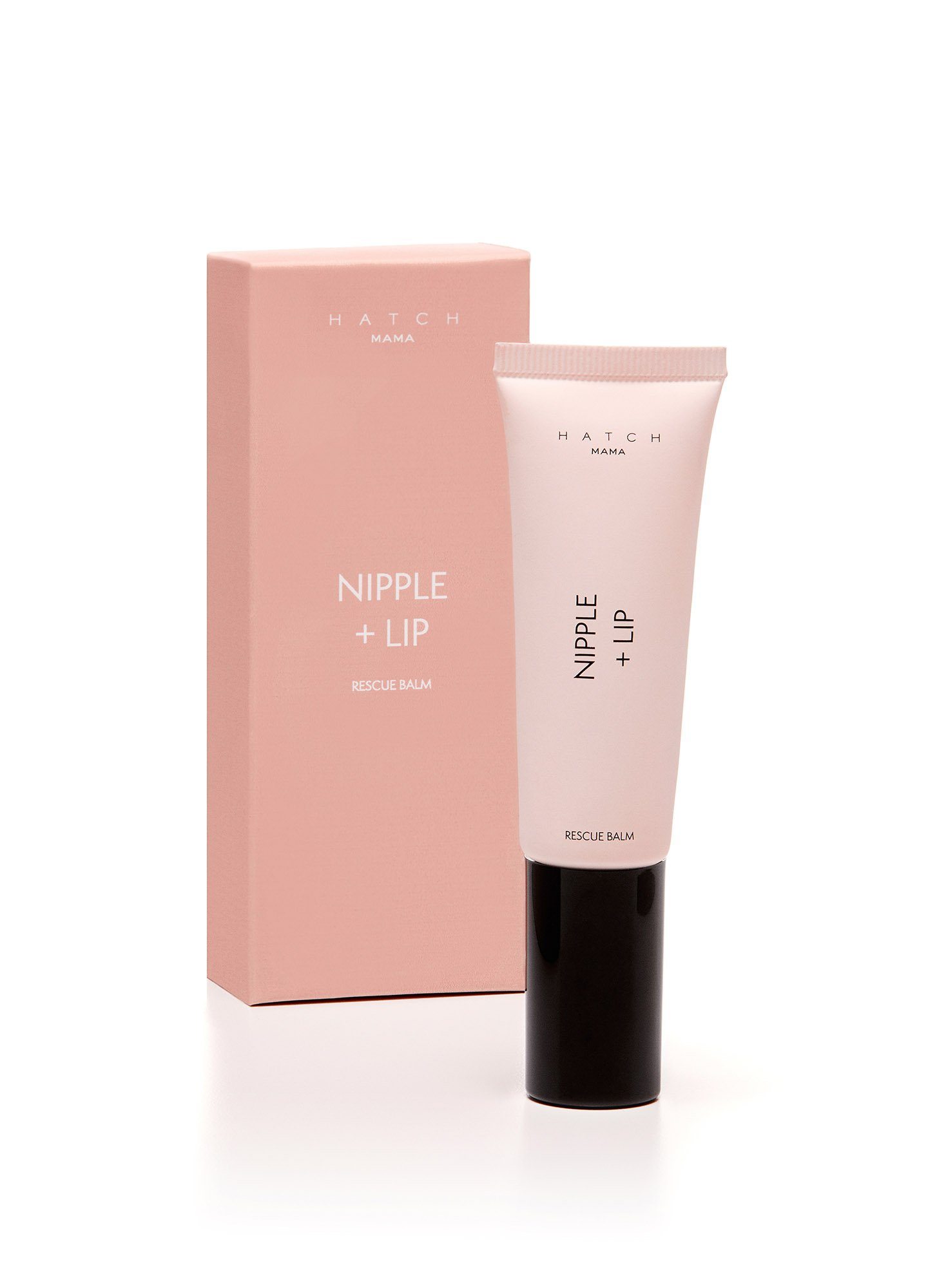 Pink tube of nipple and lip balm with black cap beside matching rectangular pink box.