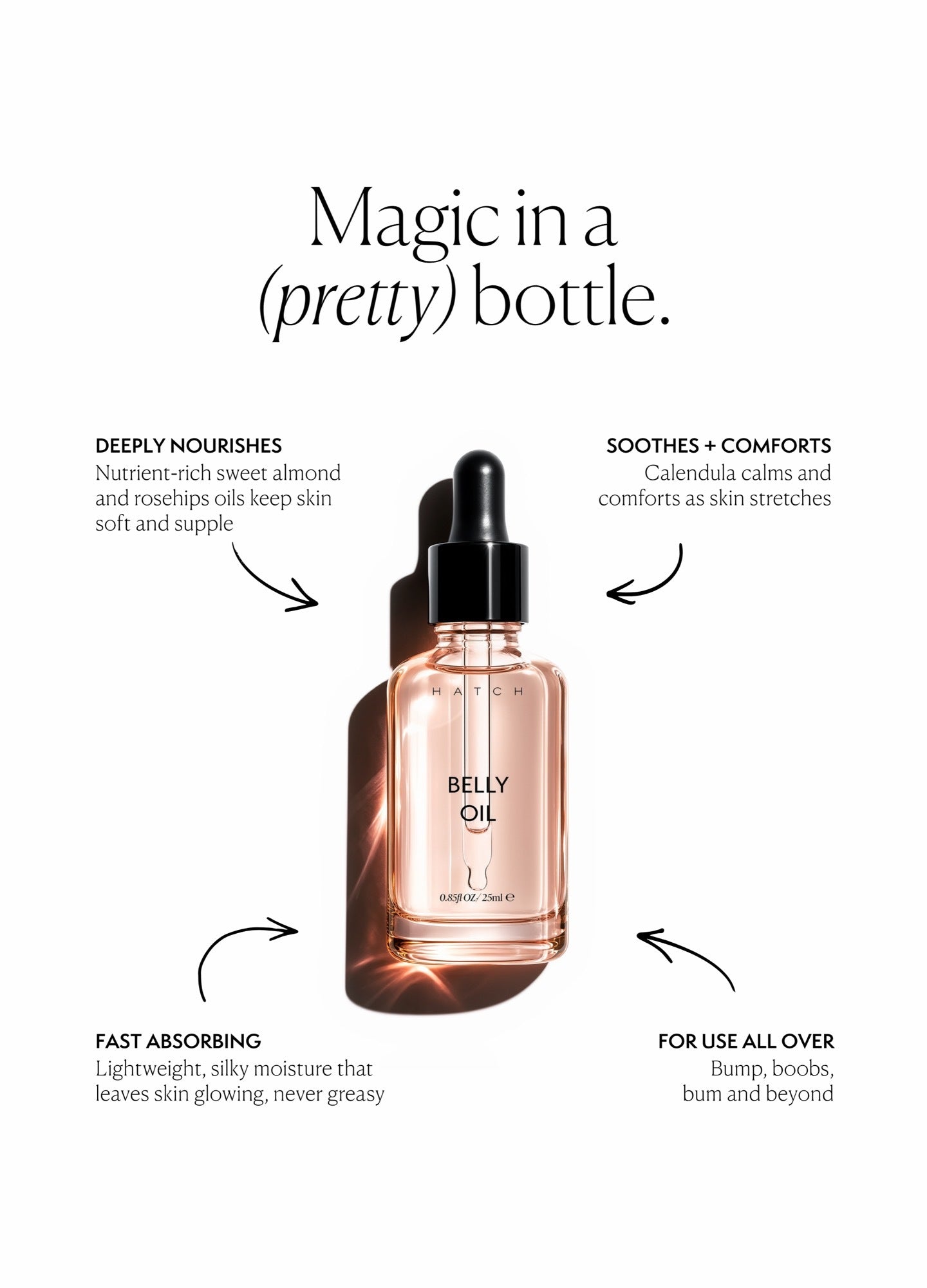Clear glass dropper bottle with peach-colored oil labeled Mini Belly Oil for maternity care.