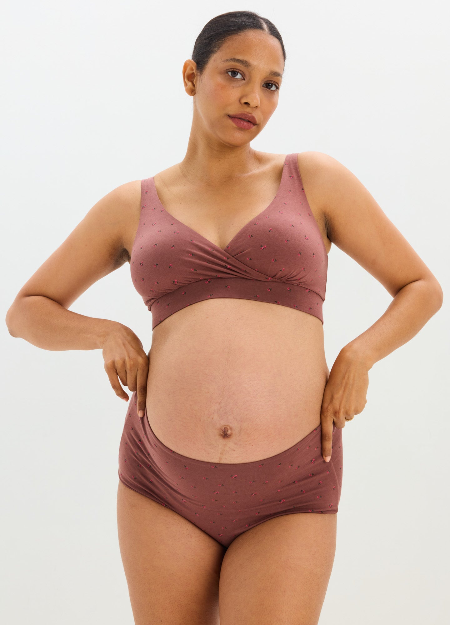 Mauve ribbed maternity bra and high-rise briefs set with supportive wide straps and soft stretch fabric.