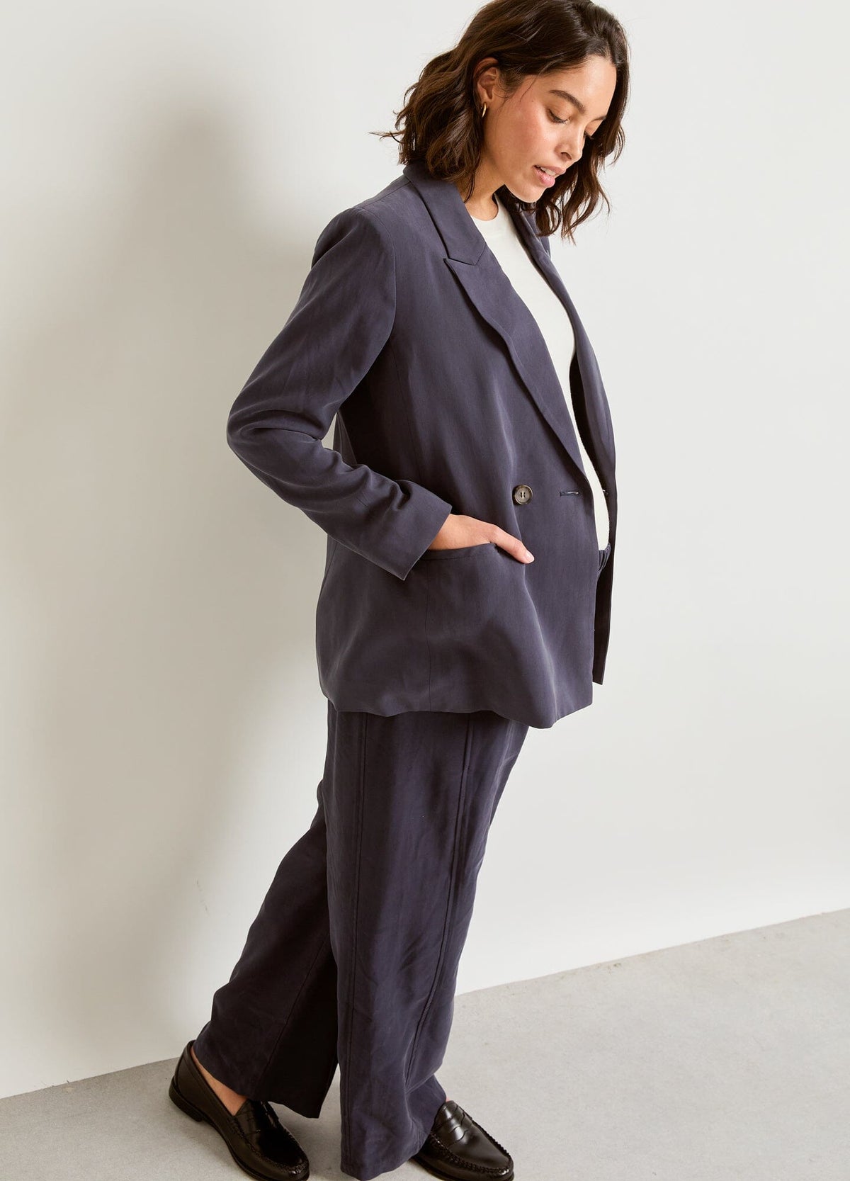 The Soft Tailored Twill Blazer - Slate blue soft tailored twill blazer with relaxed fit and button closure, styled for maternity, nursing, and postpartum.