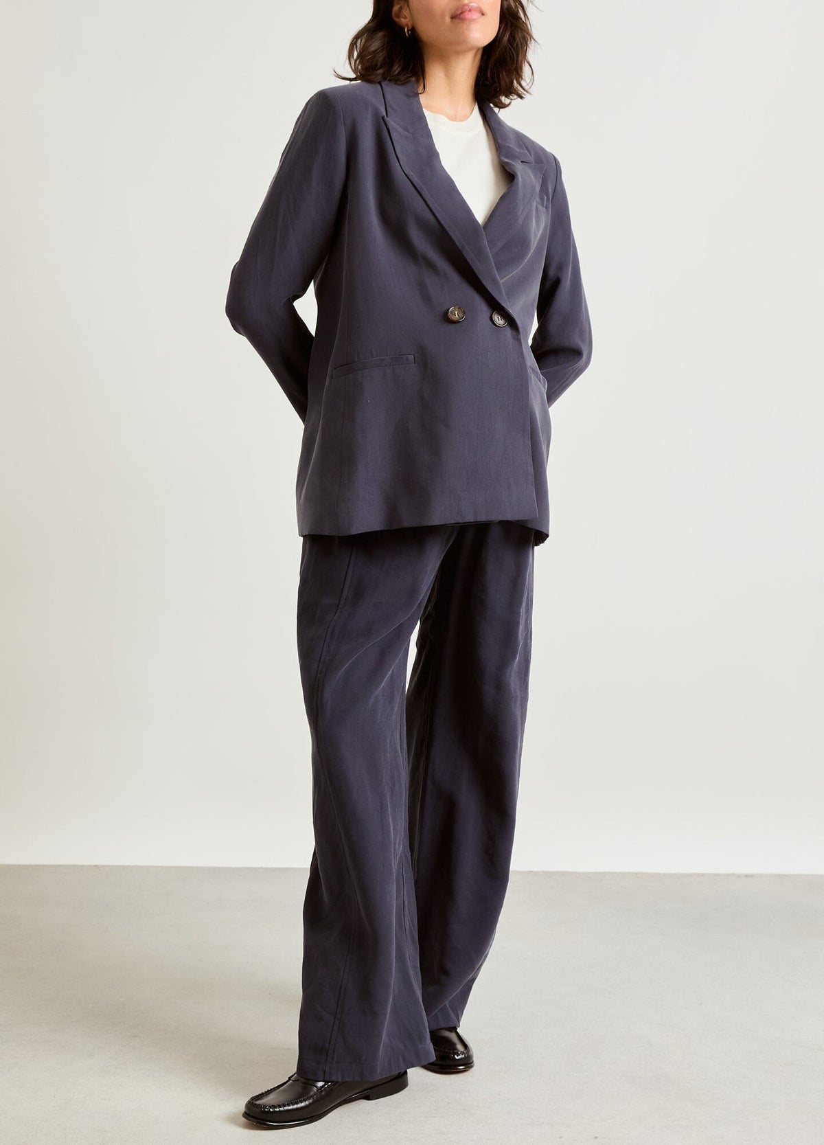 The Soft Tailored Twill Blazer - Slate blue soft tailored twill blazer with relaxed fit and button closure, styled for maternity, nursing, and postpartum.