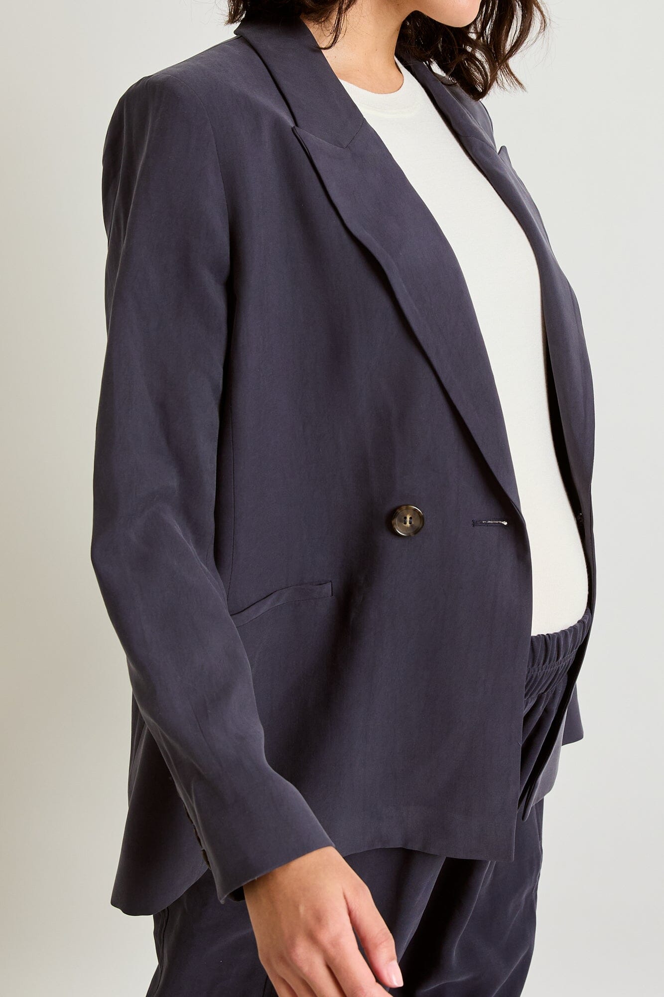 The Soft Tailored Twill Blazer - Slate blue soft tailored twill blazer with relaxed fit and button closure, styled for maternity, nursing, and postpartum.