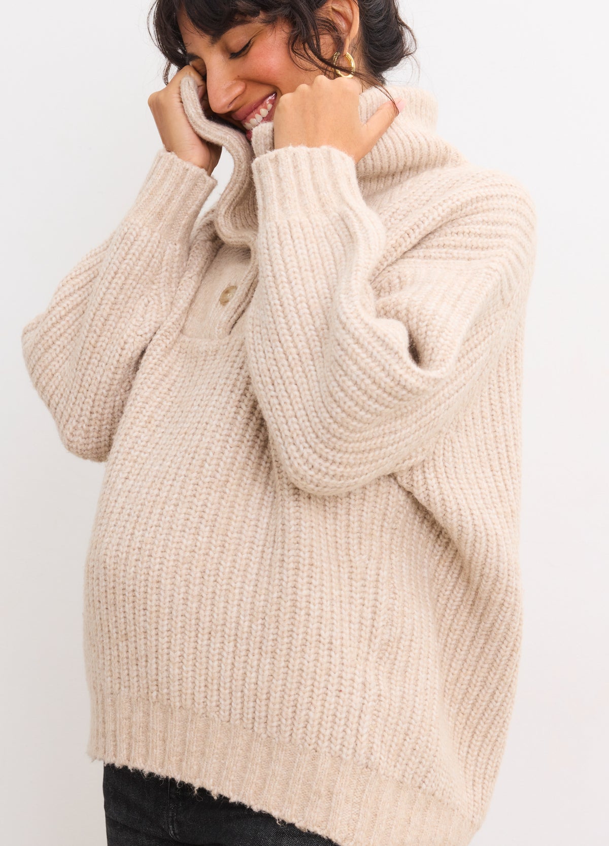 Oatmeal ribbed maternity sweater with turtleneck, designed for pregnant women, oversized fit.