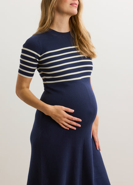 HATCH Collection The Kaitlyn Cotton Rib Dress in Navy Ivory Stripe