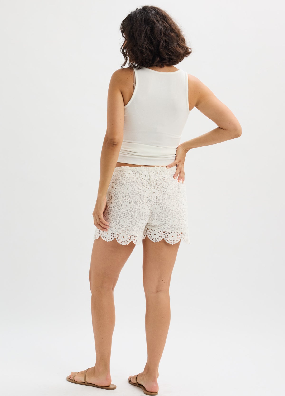 White crochet maternity shorts with scalloped hem, mid-thigh length, and stretchy waistband.