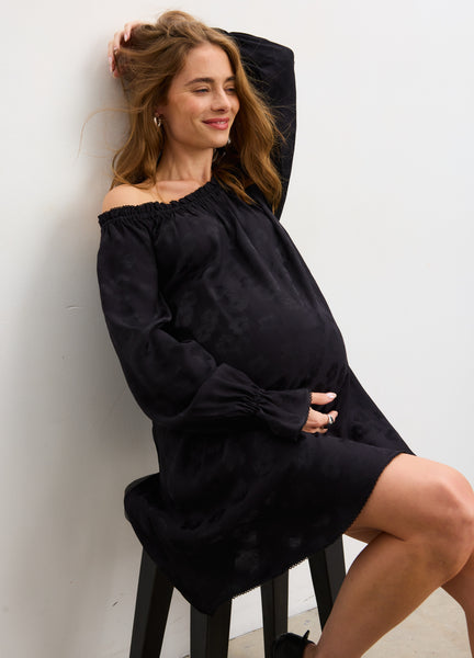 green jacquard samantha dress HATCH Collection The Samantha Off-The-Shoulder Jacquard Mini Dress in Black