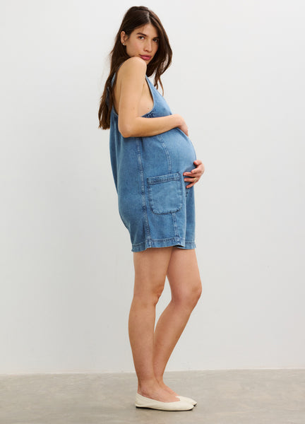 denim maternity dress HATCH Collection The Nora Denim Romper in Vintage Dream Blue