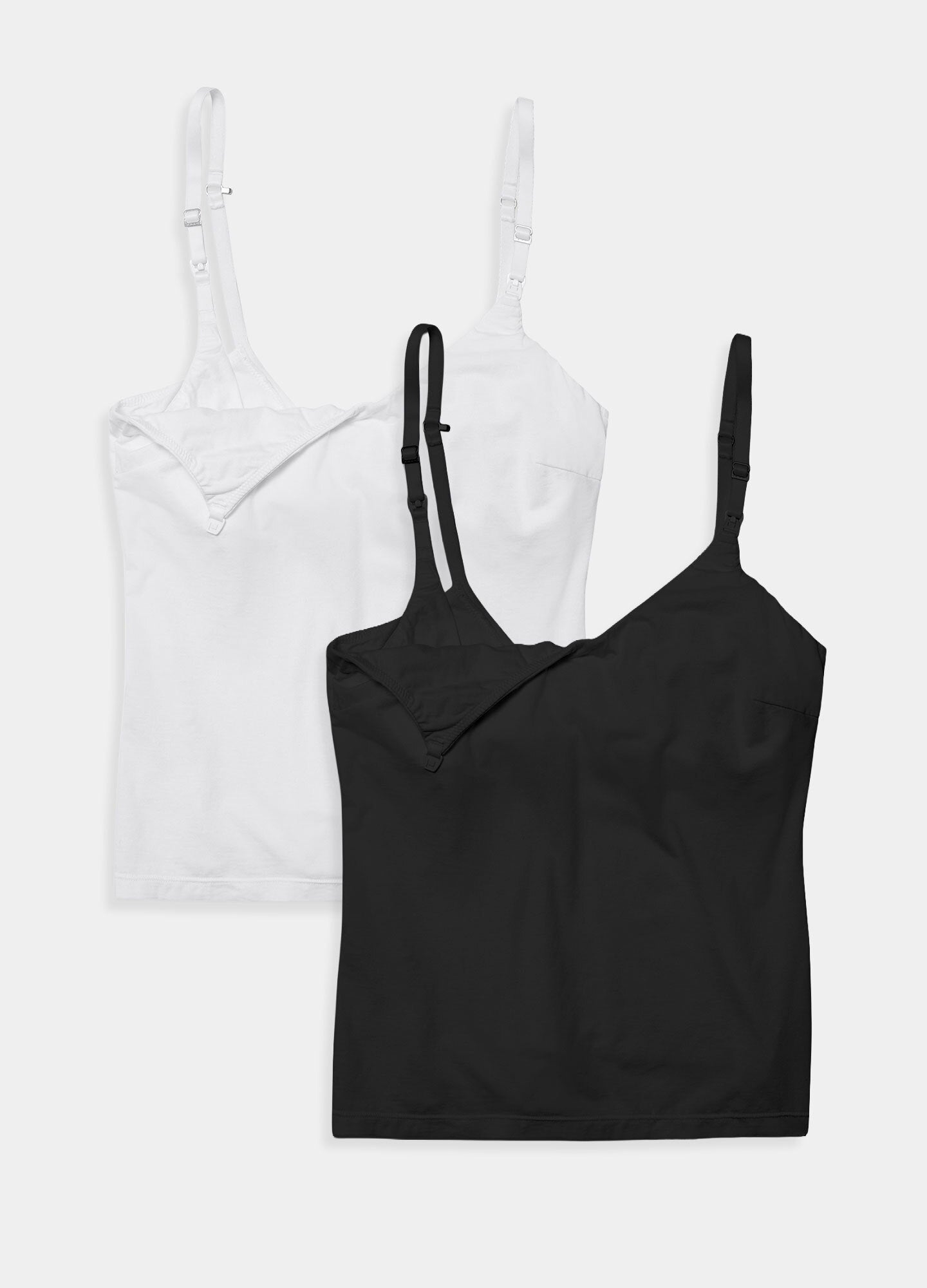 Two maternity nursing tanks in black and white, soft stretchy fabric with adjustable thin straps and discreet front nursing.