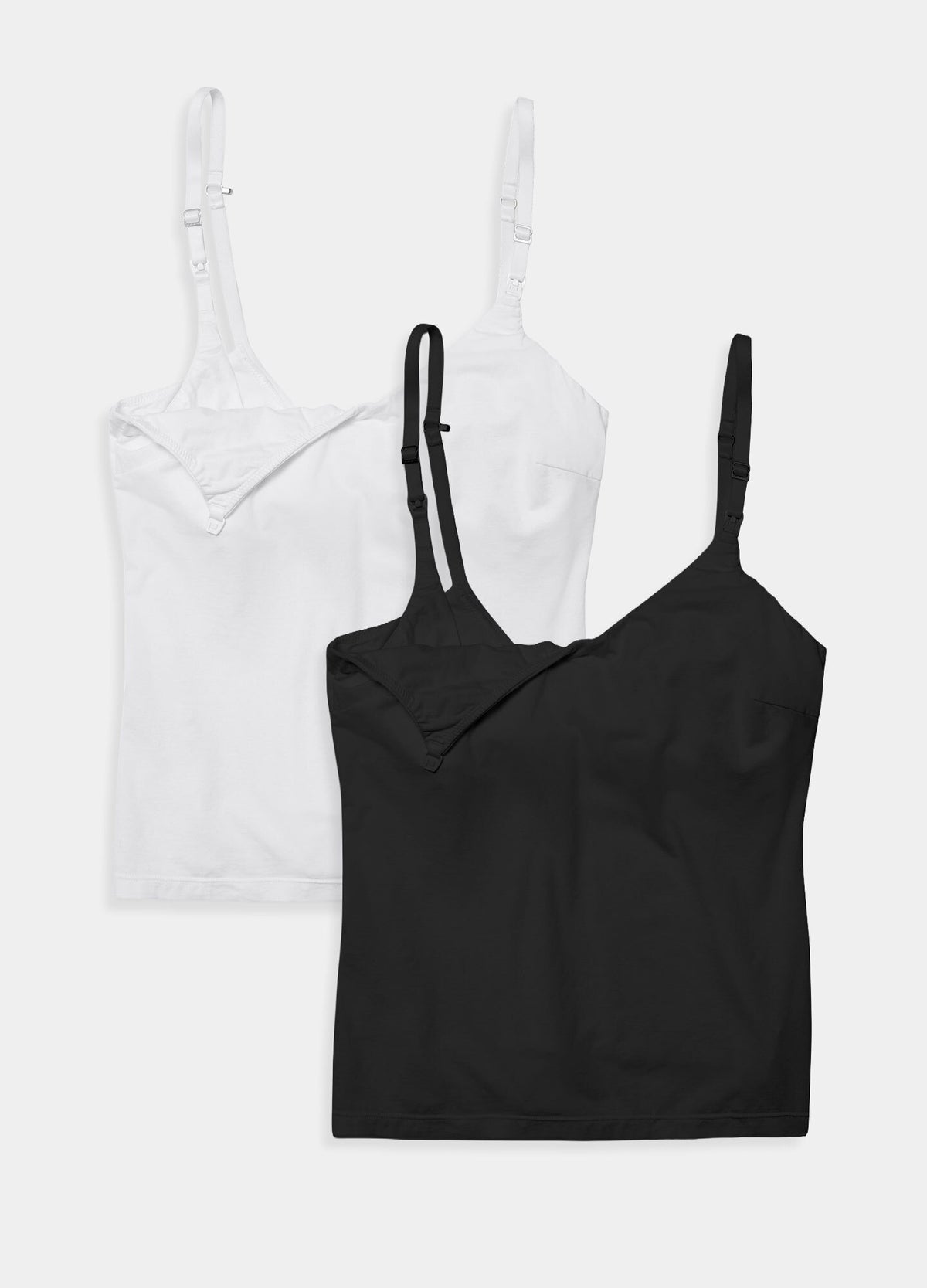 Two maternity nursing tanks in black and white, soft stretchy fabric with adjustable thin straps and discreet front nursing.