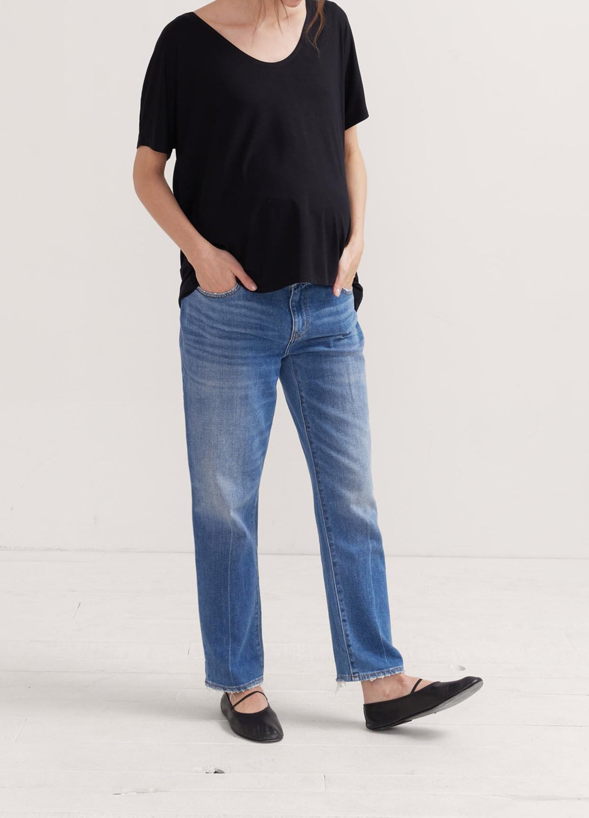 The Perfect Vee - Black and white striped maternity tee with relaxed fit, ideal for pregnancy, nursing, and postpartum wear.
