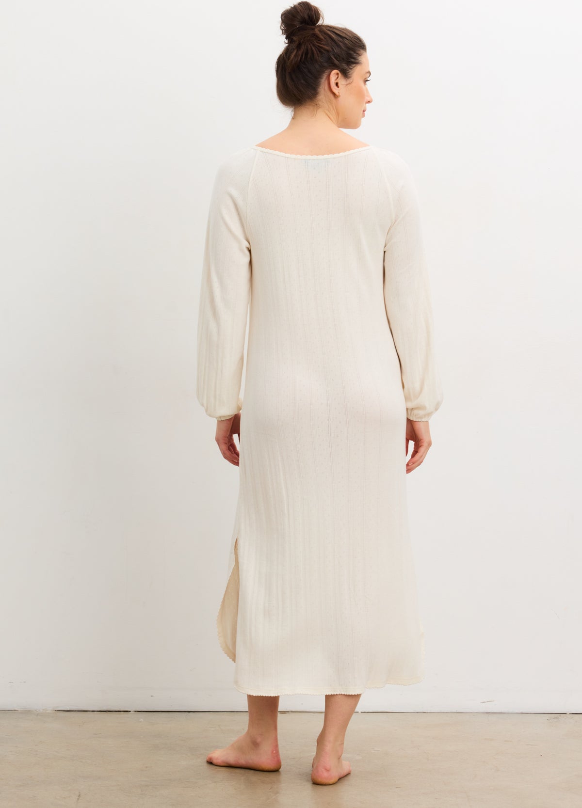 Ivory long sleeve maternity nightgown with pointelle knit, ankle-length relaxed fit for pregnant women.